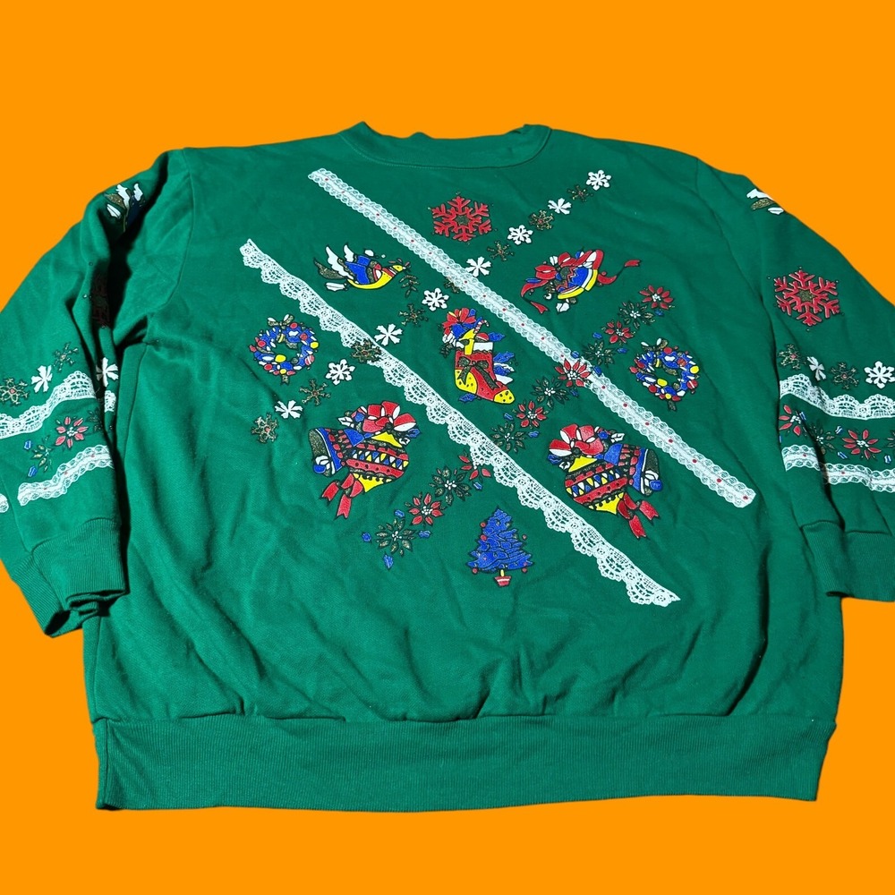 Vintage Christmas On Main Street Holiday Sweatshirt Green Sweater Large Acrylic
